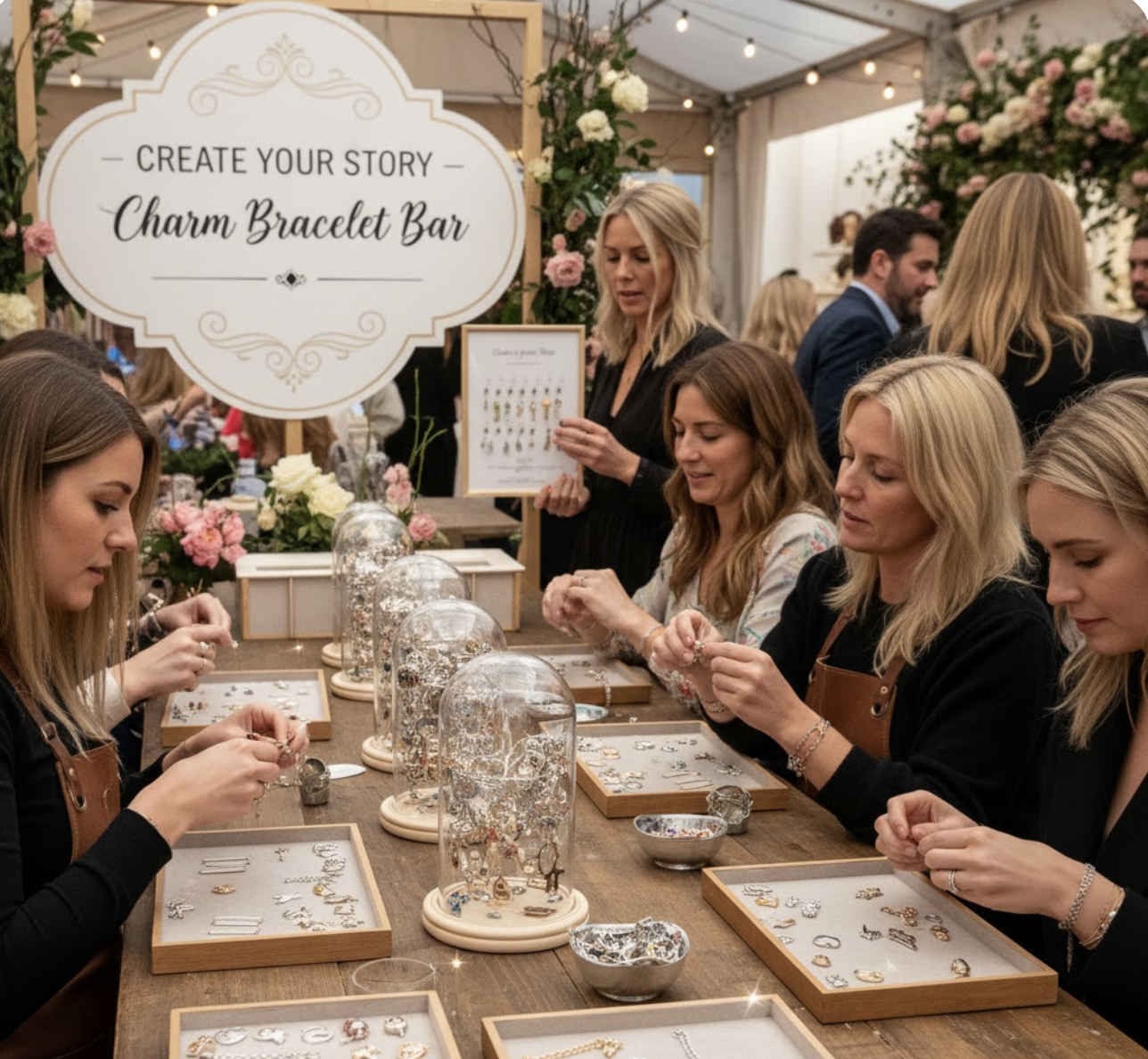 Women seated at a charm bracelet bar, selecting charms and assembling bracelets at an event.