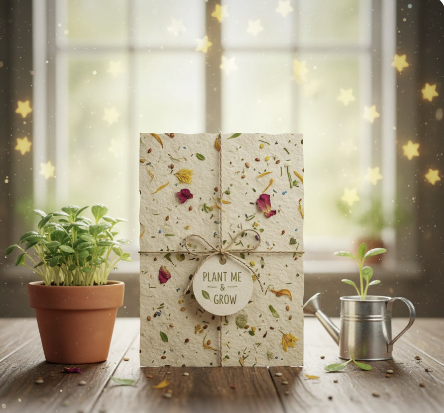 Eco-friendly gift wrapped in seed paper labeled “Plant Me & Grow,” placed between potted plants on a wooden table.