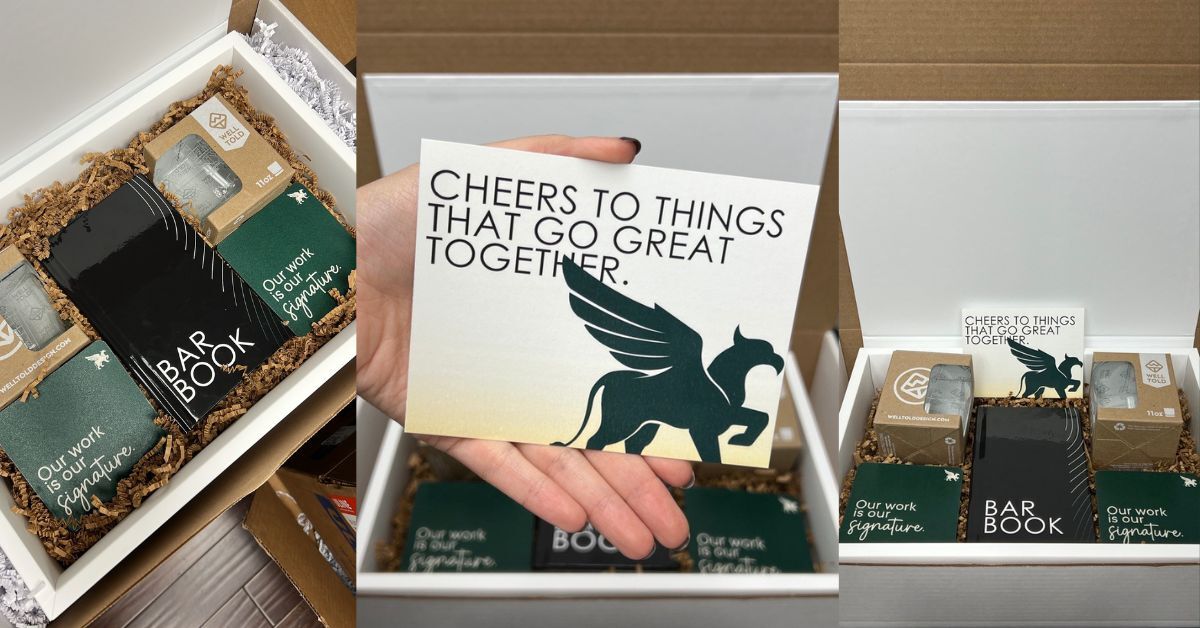Collage of a curated gift box containing a bar book, mixers, and a card that says “Cheers to things that go great together.”