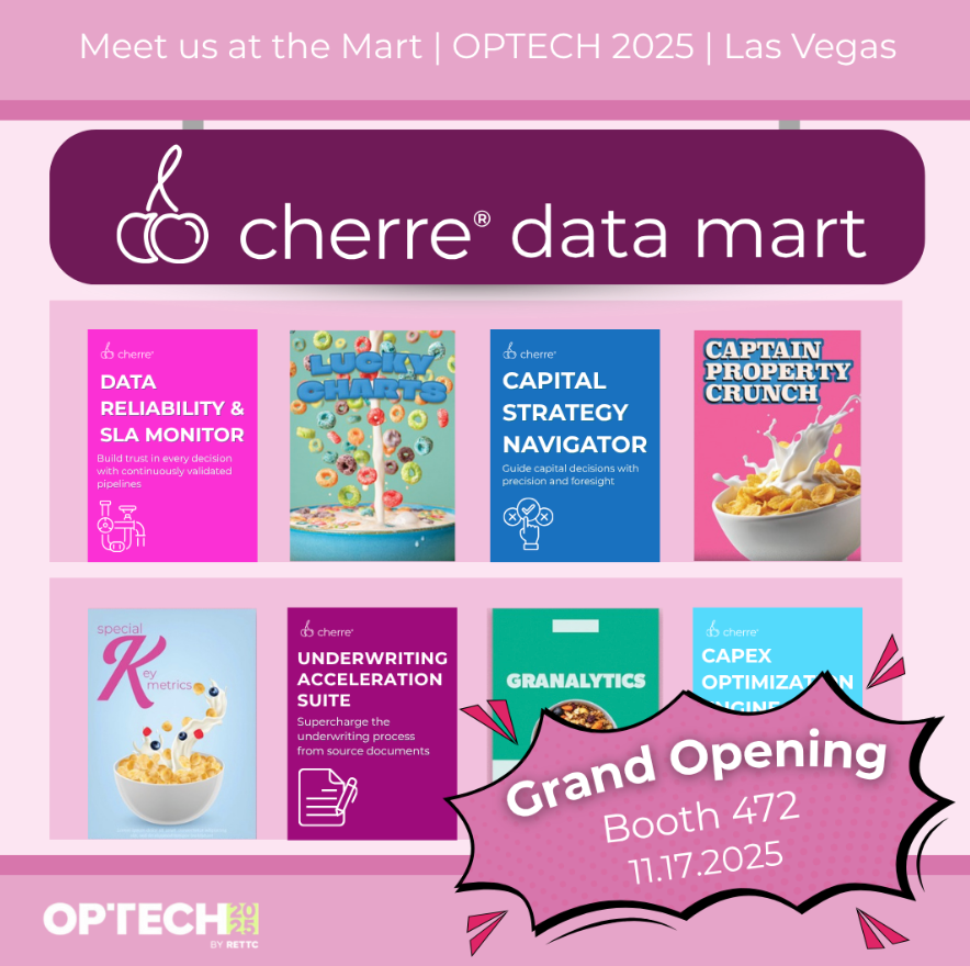 Cherre Data Mart promo graphic with cereal-themed product tiles and text announcing a grand opening at OPTECH 2025, Booth 472.